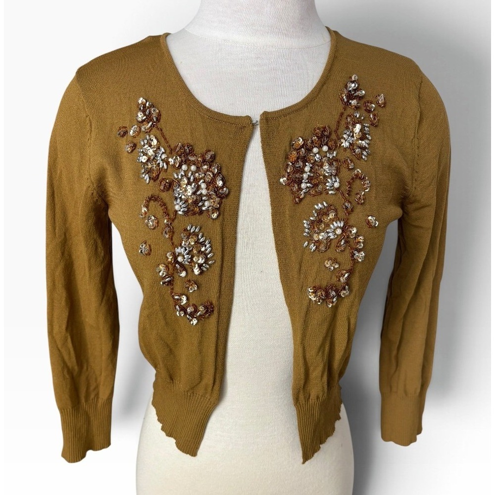 W Mustard Gold Embellished Cardigan Beaded Sequins Floral Cropped Sweater Dressy